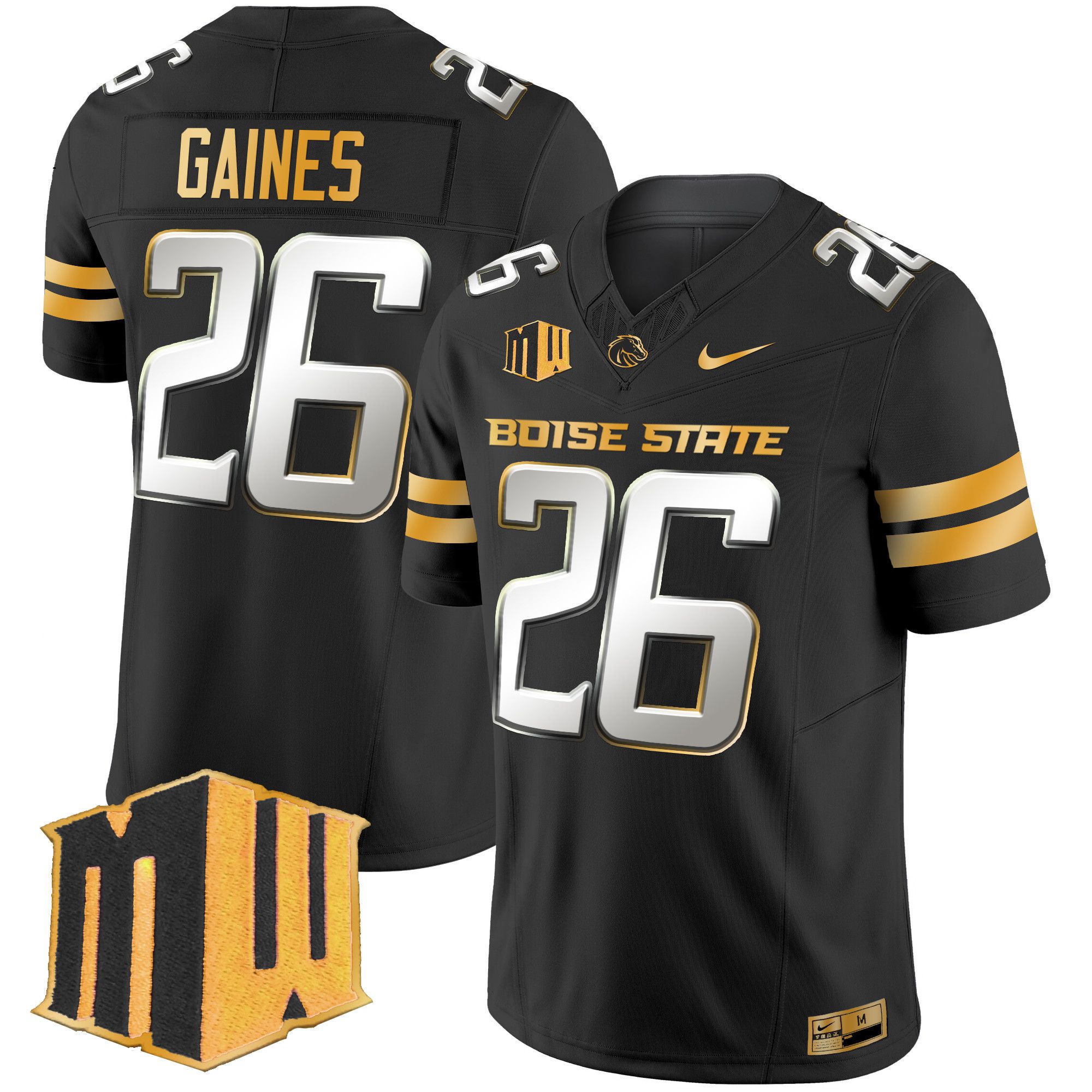 Men Boise State Broncos 26 Gaines Black Nike 2024 Gold Vapor Limited NCAA Jersey
